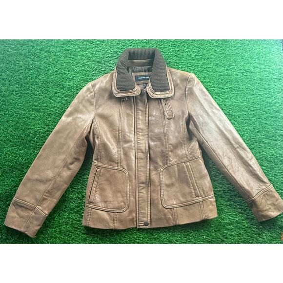 Jones New York Genuine Leather Jacket Women L Camel Tan Zip Moto Bomber Coat - Picture 1 of 10